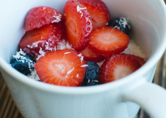 Oatmeal with blueberries, strawberries and coconut